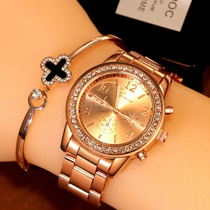 Reloj dorado para mujer Geneva, reloj clásico de acero inoxidable para mujer, relojes de cuarzo con diamantes de imitación a la moda, reloj de pulsera para mujer y niña