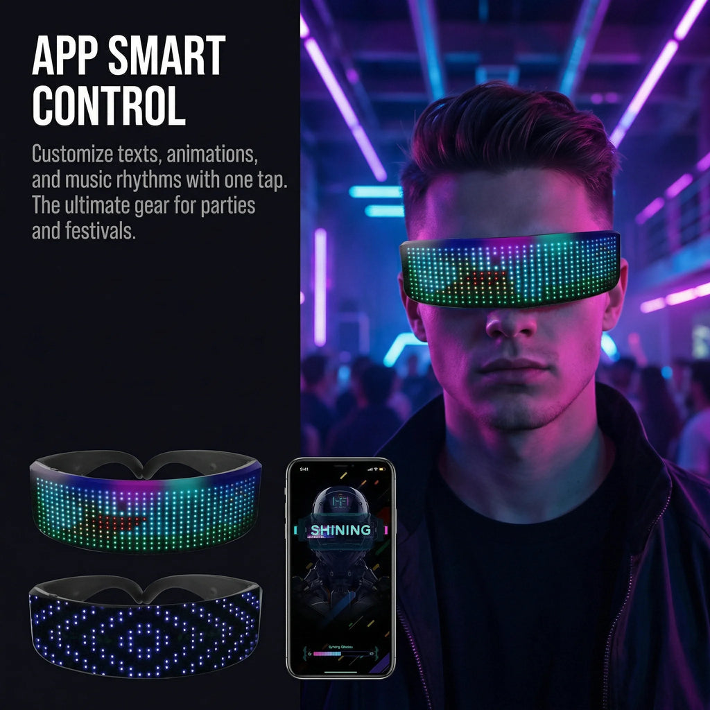 Gafas LED con Control por Aplicación, Lentes Futuristas Luminosas para Fiestas, Bares, Festivales y Espectáculos