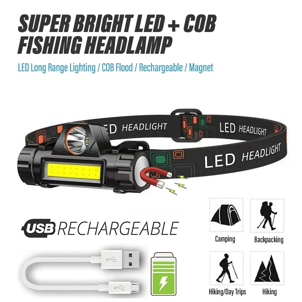 Linterna Frontal LED Recargable para Pesca y Camping XPE COB