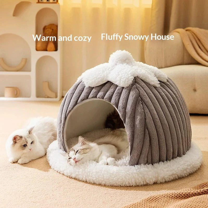 Cama para Gatos de Felpa Semicerrada con Capucha - Cálida y Lavable