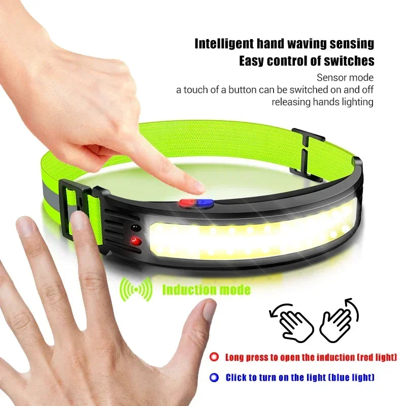 Linterna Frontal LED COB Recargable USB-C con Sensor, Impermeable