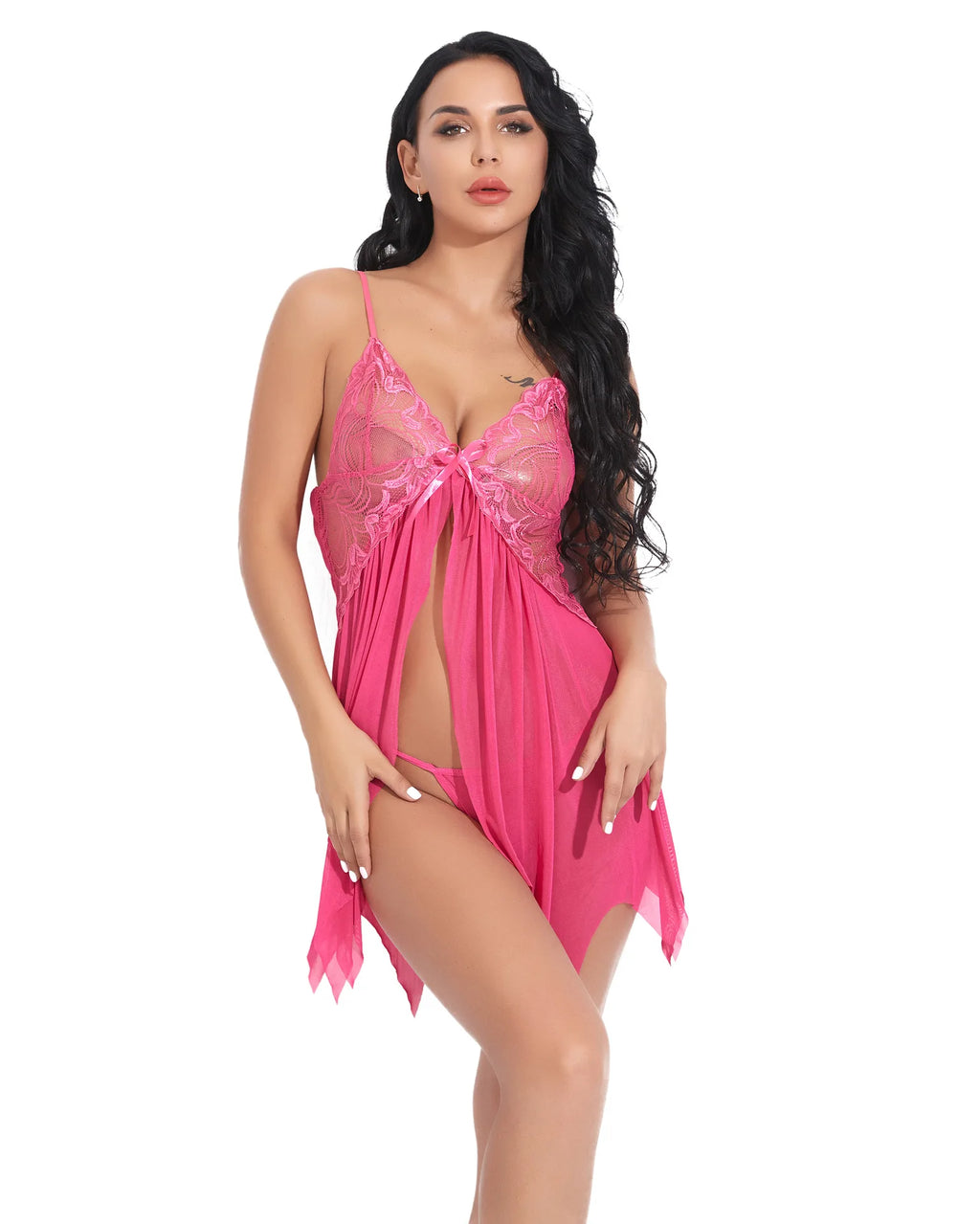 Camisón de Encaje Sexy para Mujer, Lencería Transparente con Bragas