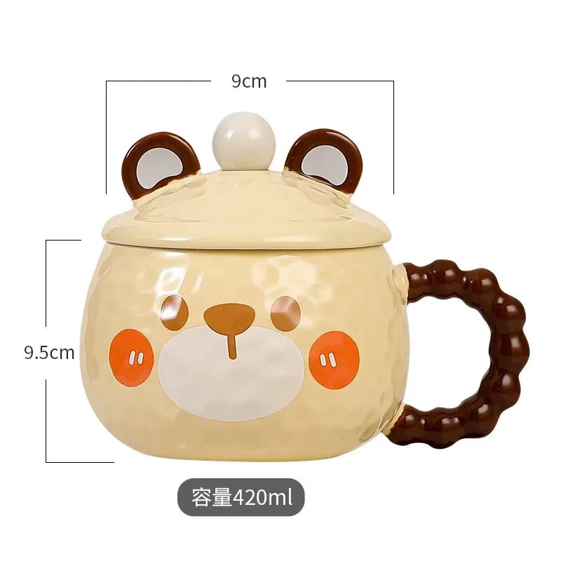 Taza de cerámica con diseño de animal, con tapa y cuchara