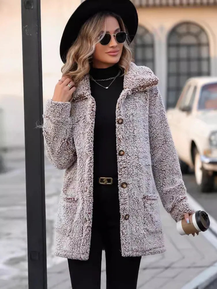 Otoño e Invierno chaqueta de terciopelo Flash abrigo ropa de mujer Casual cuello suelto solo pecho chaqueta cárdigan de longitud media