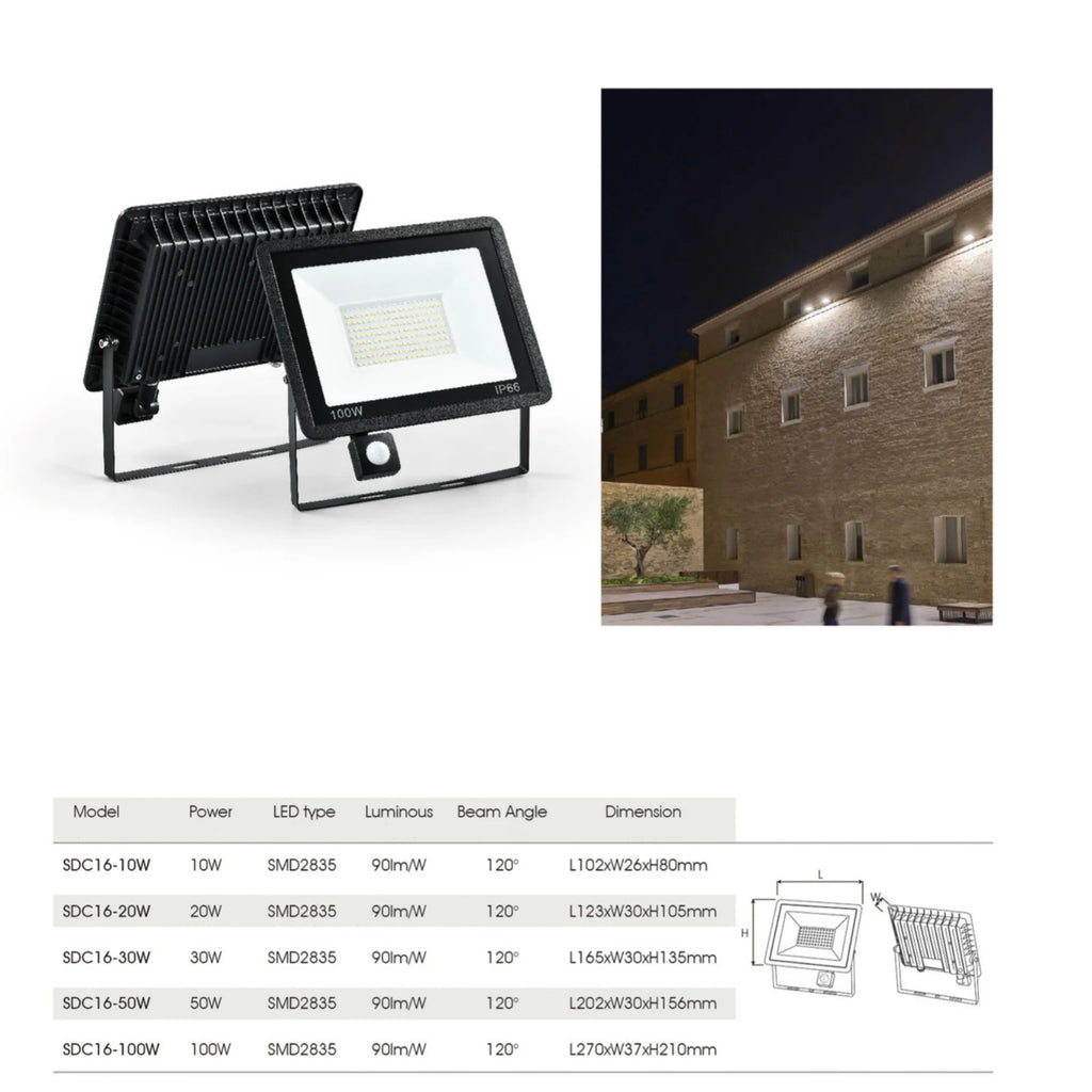 Reflector LED con Sensor de Movimiento IP66 para Exteriores 10W-50W