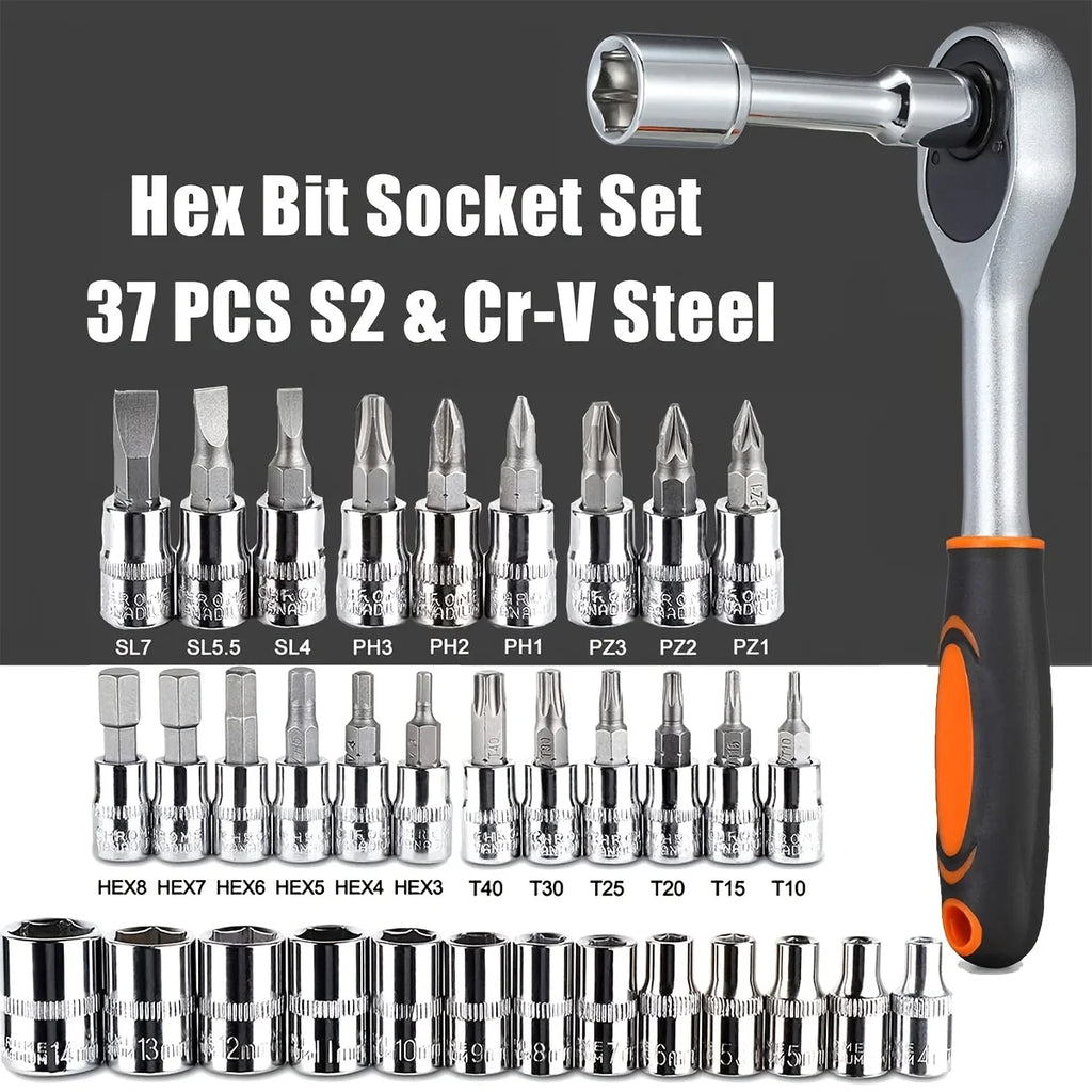 46 Uds herramientas familiares 1/4 Juego de herramientas mecánicas para reparación de automóviles Hous con enchufes juego de brocas hexagonales métricas llave de trinquete de pulgadas