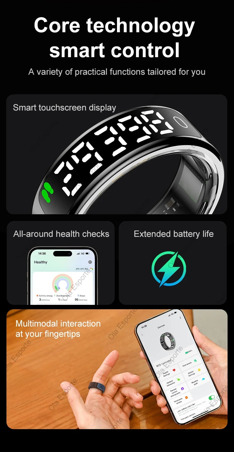 Anillo inteligente pantalla táctil LED Monitor de salud Control de gestos estuche de carga inalámbrica anillo deportivo impermeable hombres mujeres 2025