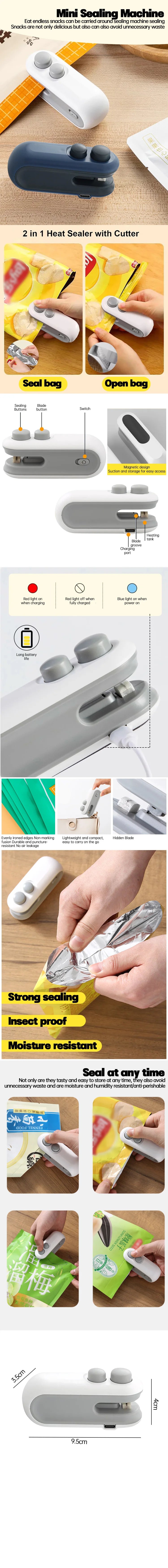 Mini sellador de bolsas de plástico de mano con batería integrada, máquina selladora de calor portátil para bolsas de alimentos, máquina de apertura, utensilios de cocina
