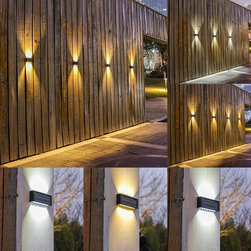 Luces solares de pared para exteriores, lámpara Solar de montaje en pared cálida/blanca para porche, iluminación arriba y abajo para jardín, paisaje de la calle, balcón y Patio