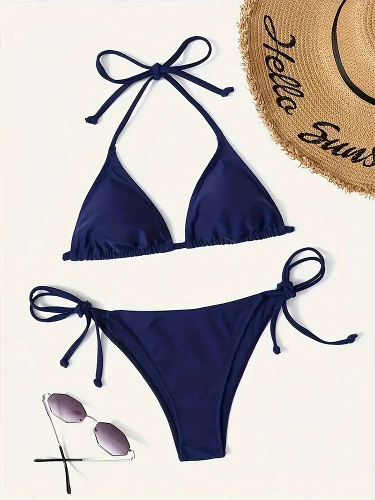 Traje de baño Tanga Bikini conjunto Sexy nuevo azul marino trajes de baño mujer Sexy trajes de baño Bikinis triángulo vendaje ropa de playa femenina