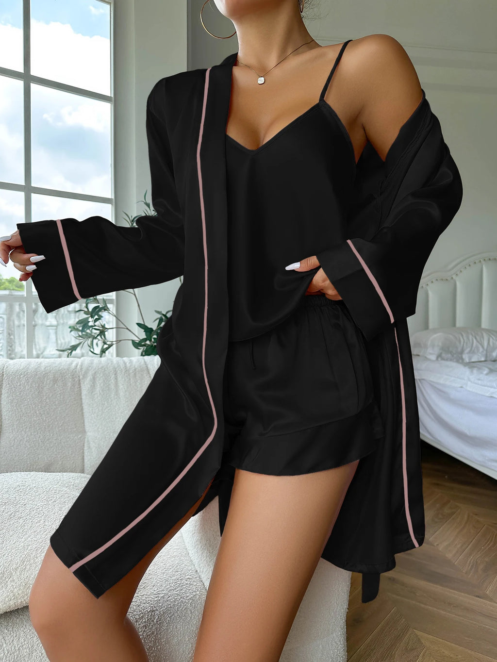 Conjunto Pijama de Satén 3 Piezas con Bata – Ropa de Dormir Mujer