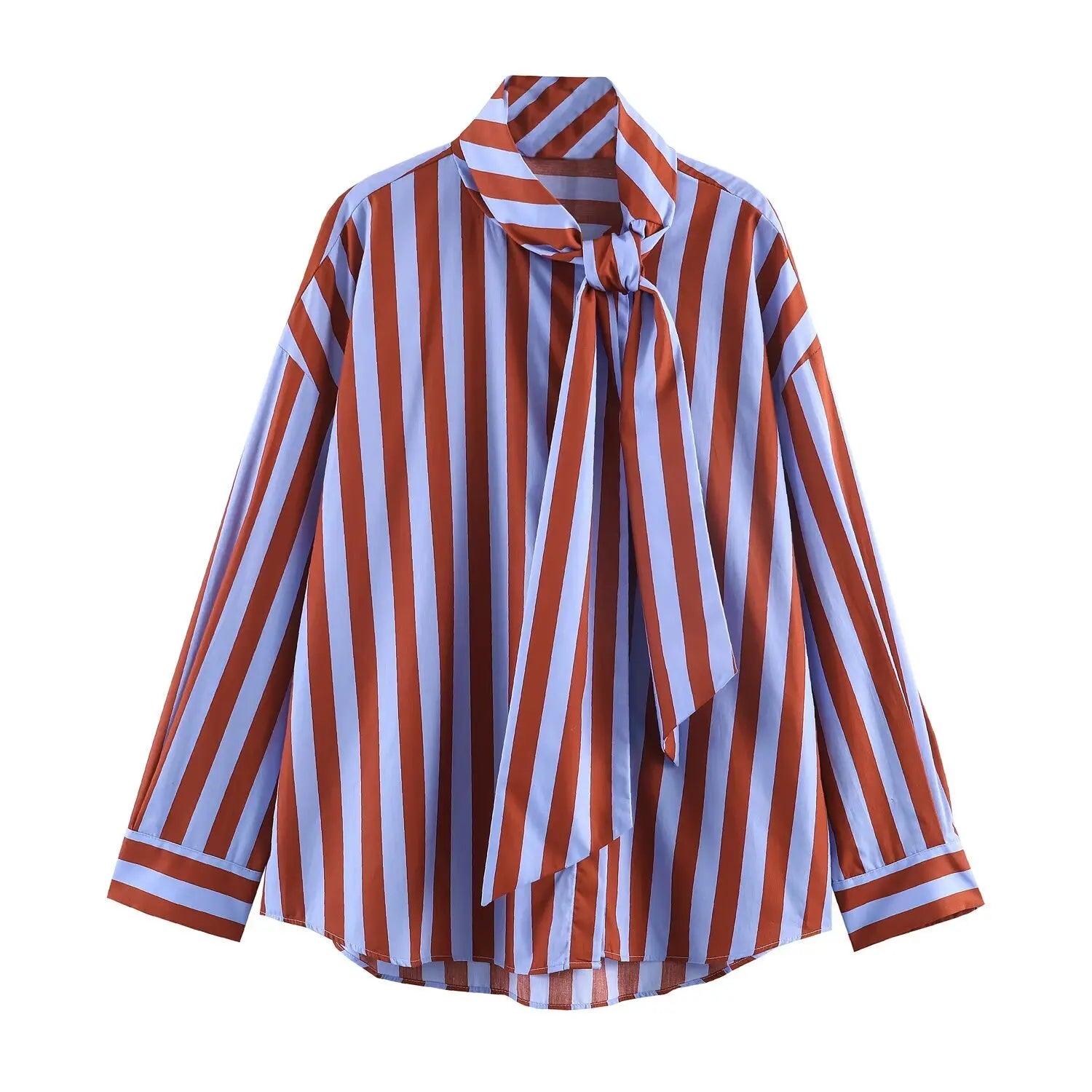 Camisa a Rayas de Manga Larga con Cuello de Lazo