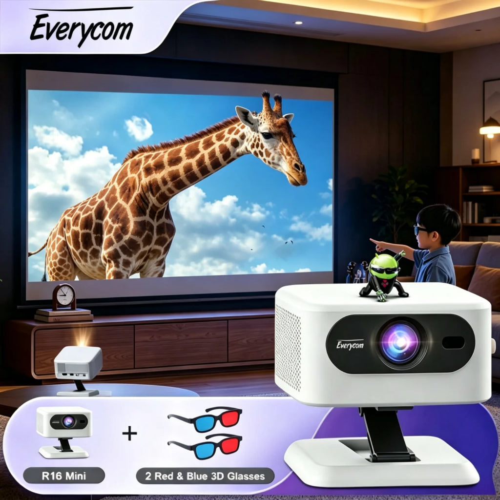 Proyector de Gafas 3D Everycom R16 Mini+Two Rojo y Azul, Versión Android, 14000 Lúmenes, Cine en Casa