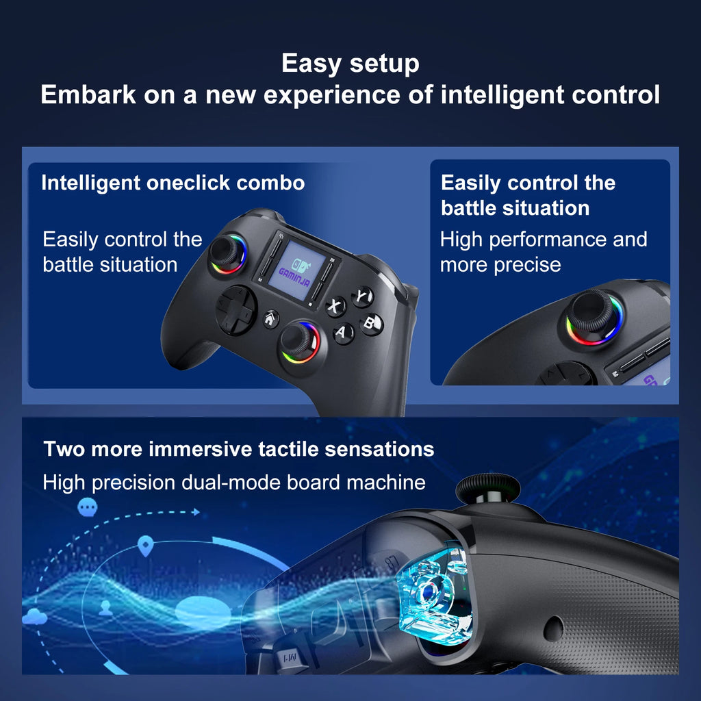 GAMINJA 6162 controlador inalámbrico de pantalla inteligente de 1,44 pulgadas para Switch P4 iOS Android PC TV doble Hall Joystick calibración luz RGB