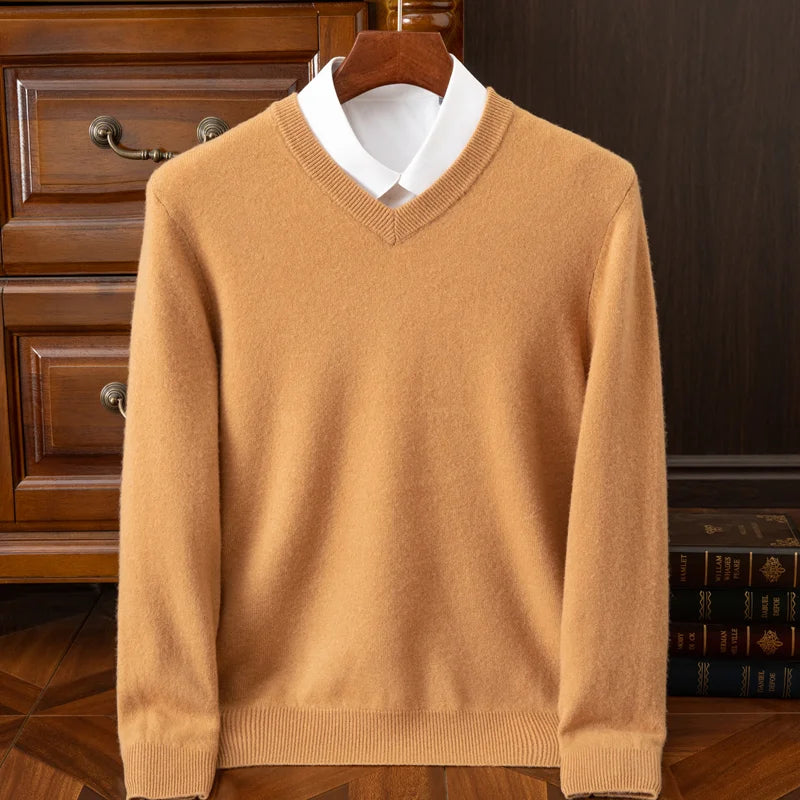 2025 suéter 100% de lana merina de Cachemira con cuello en V para hombre, jersey inteligente informal básico de manga larga, prendas de punto, Tops para Otoño e Invierno
