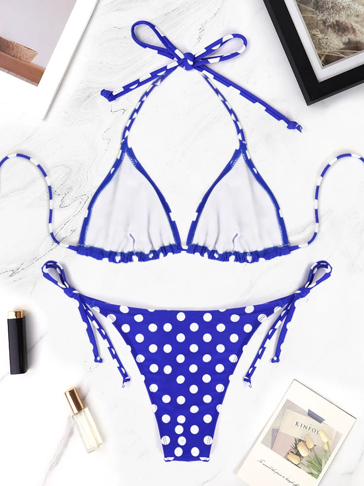 2 unids/set traje de baño de playa para mujer conjunto de Bikini verano azul y blanco patrón de lunares traje de baño vacaciones Casual conjunto de Bikini para mujer