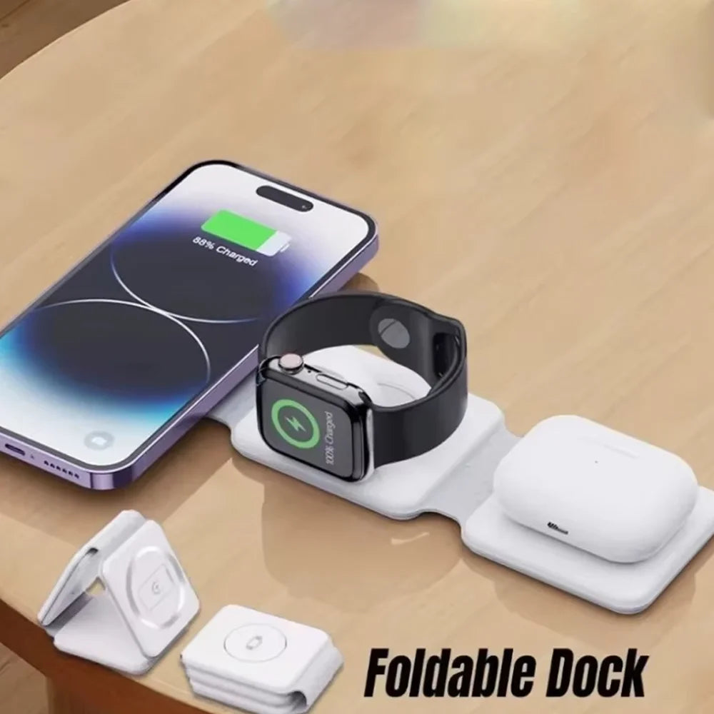 Cargador Inalámbrico Plegable 3 en 1 de Carga Rápida para Escritorio, Compatible con iPhone 17 16 15 14 13 Pro Max, iWatch 10 9 8 7 6, AirPods Pro 2