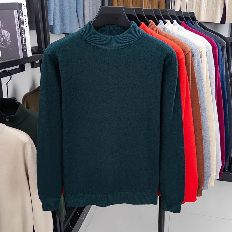 Suéter de punto de medio cuello alto para hombre, jersey de Color sólido con cuello simulado, sudadera informal de Otoño/Invierno, ropa de marca para hombre