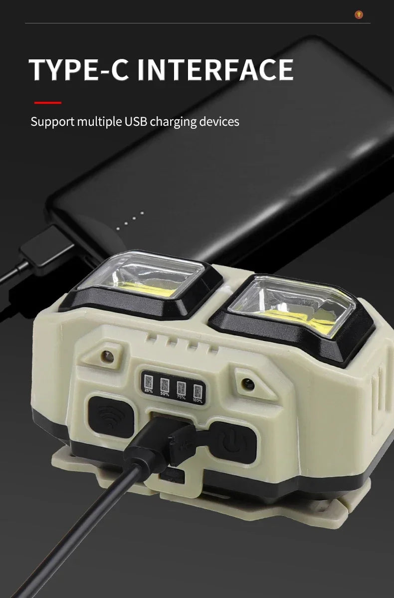 Linterna Frontal LED COB Recargable USB para Camping y Pesca