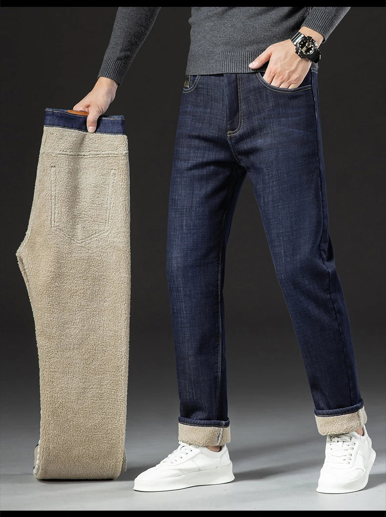 Pantalones Vaqueros de Invierno para Hombre, Forro de Cordero, Talla Grande