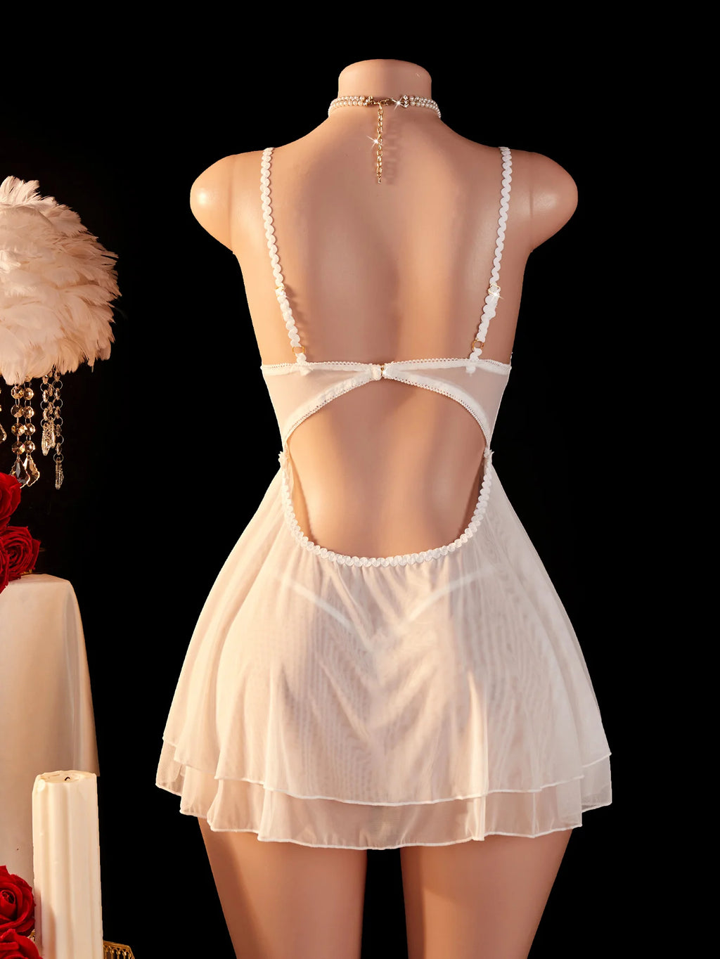 Babydoll de Malla Transparente con Cordones y Volantes para Mujer