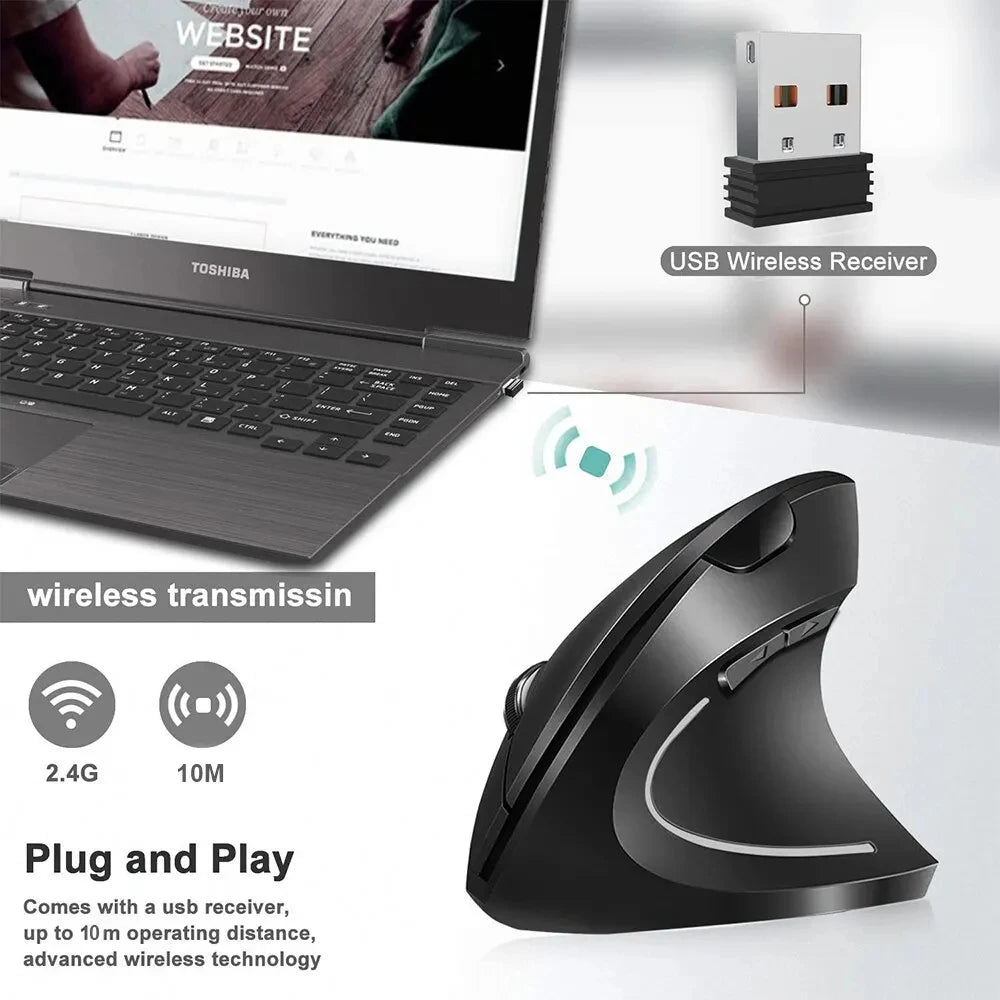 Ratón Vertical Ergonómico Inalámbrico de 2.4GHz HOMEFISH, Ratón Óptico con 3 DPI Ajustables 800/1200/1600 y 6 Botones para Computadora Portátil y PC