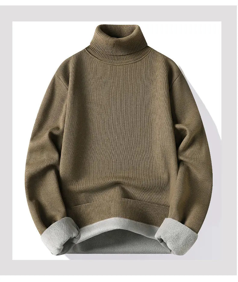 Suéter de cuello alto para hombre, prendas de punto de lana, jerséis de terciopelo de Color sólido, suéteres de punto marrones de marca de lujo elegantes ajustados