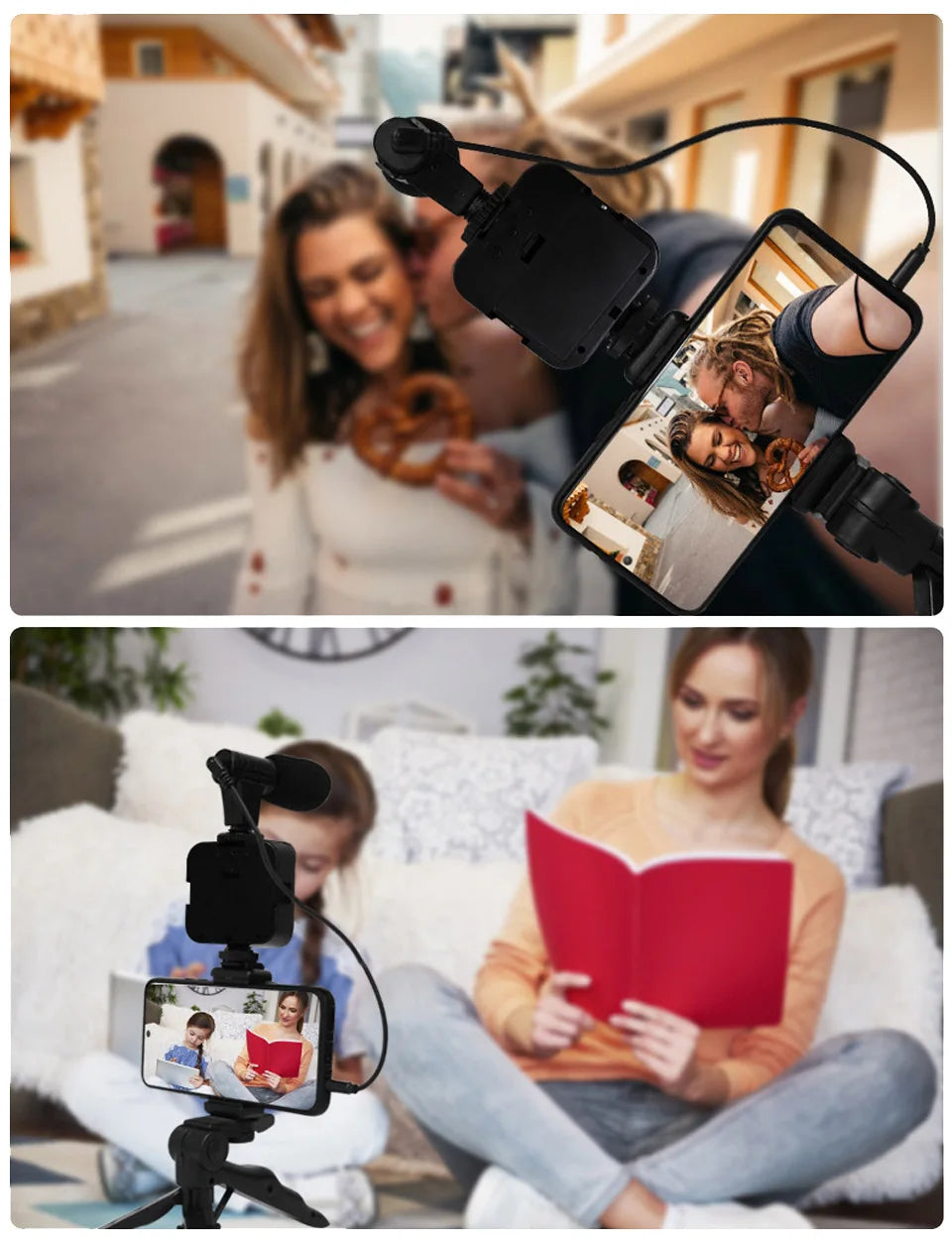 Soporte para teléfono móvil, iluminación de fotografía, Kit de vídeo para Smartphone, micrófono LED, trípode para Selfie, mango de grabación, soporte estabilizador portátil