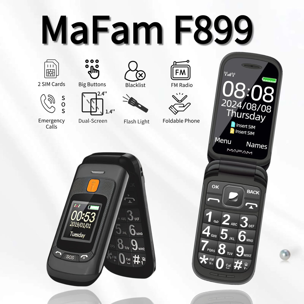 Mafam F899 Senior Flip Feature Phone Dos pantallas 2 Sim Botón grande SOS Dial Antorcha Clamshell Móvil Estilo retro 15 días Larga modo de reposo