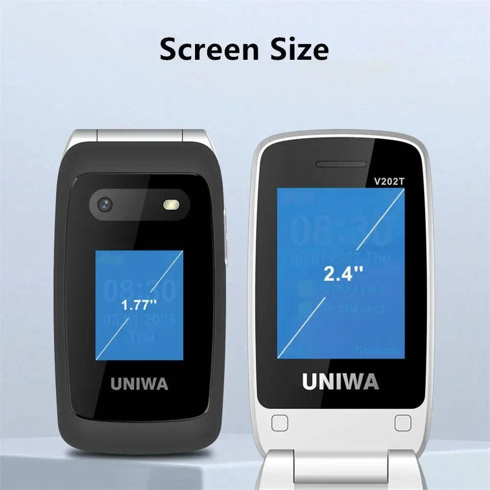 UNIWA V202T teléfono abatible pantalla Dual botón grande tarjetas SIM duales red 4G soporte para teléfono móvil base de carga para personas mayores