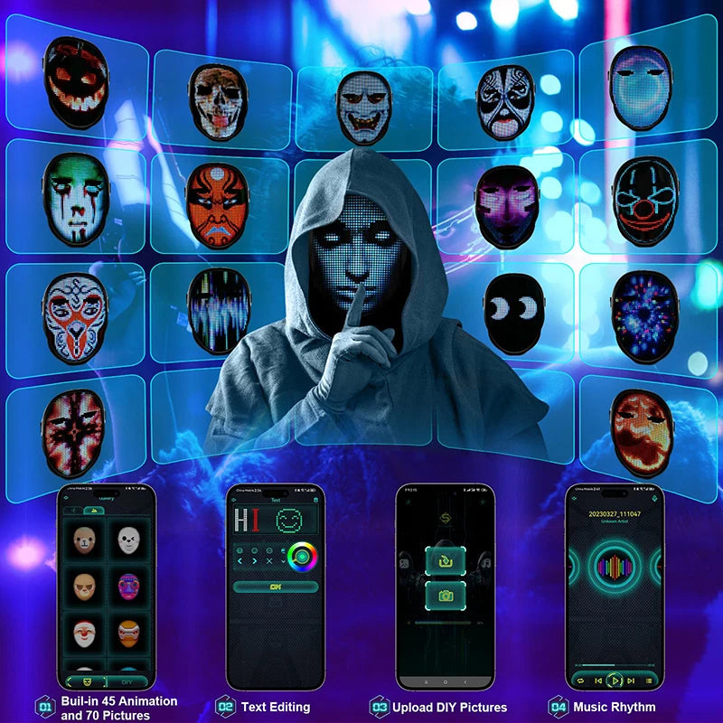 Máscaras Faciales LED Inteligentes Programables con Control por Aplicación Bluetooth, Cambio de Fotos DIY, Máscara LED Luminosa para Fiestas de Halloween