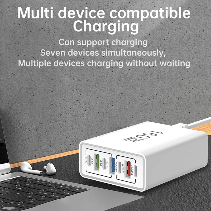 Cargador Rápido 160W 7 Puertos USB y USB-C, QC3.0, Pared Universal