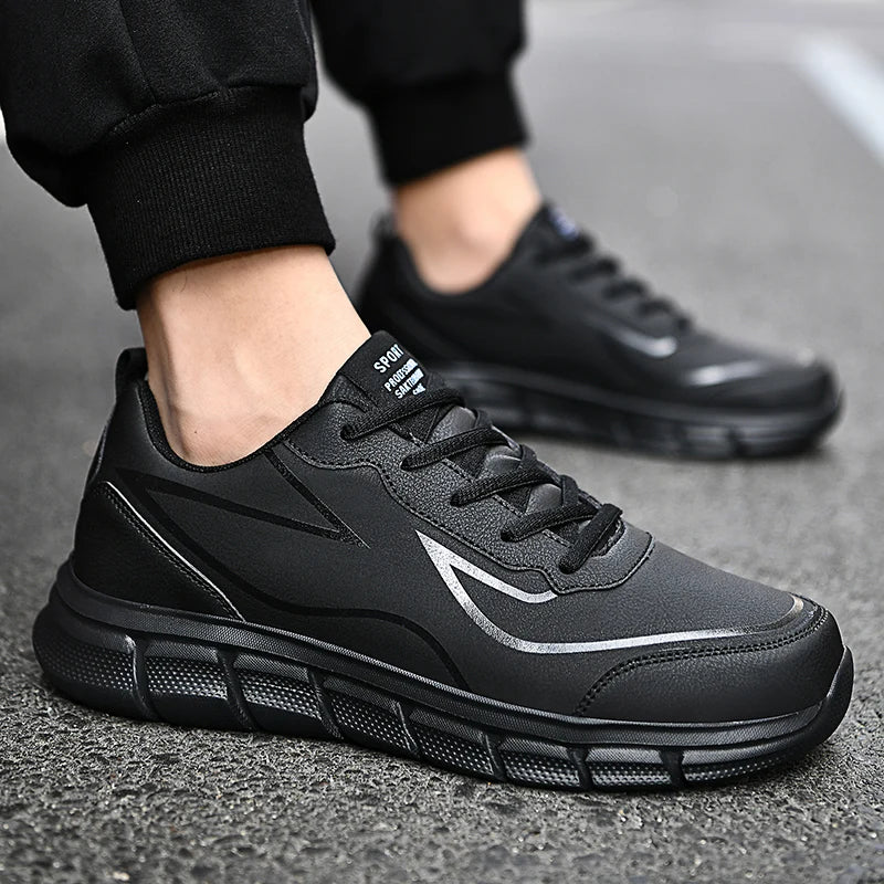 YRZL, zapatillas para correr negras, zapatillas deportivas impermeables de cuero, zapatillas deportivas resistentes al desgaste para hombres, zapatos deportivos para caminar, zapatos cómodos para hombres
