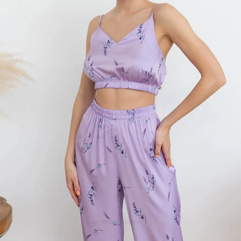 Conjunto de pijamas de seda sintética satinada para mujer, Top con tirantes y pantalones, ropa de dormir con estampado Floral, ropa de dormir de otoño para el hogar, bata de S-XXL