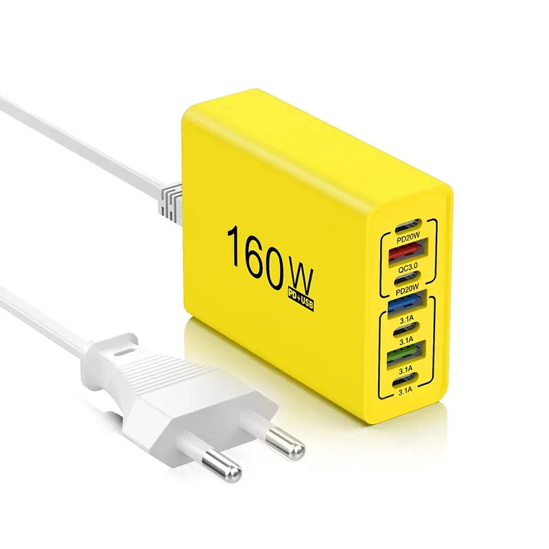 Cargador Rápido 160W 7 Puertos USB y USB-C, QC3.0, Pared Universal