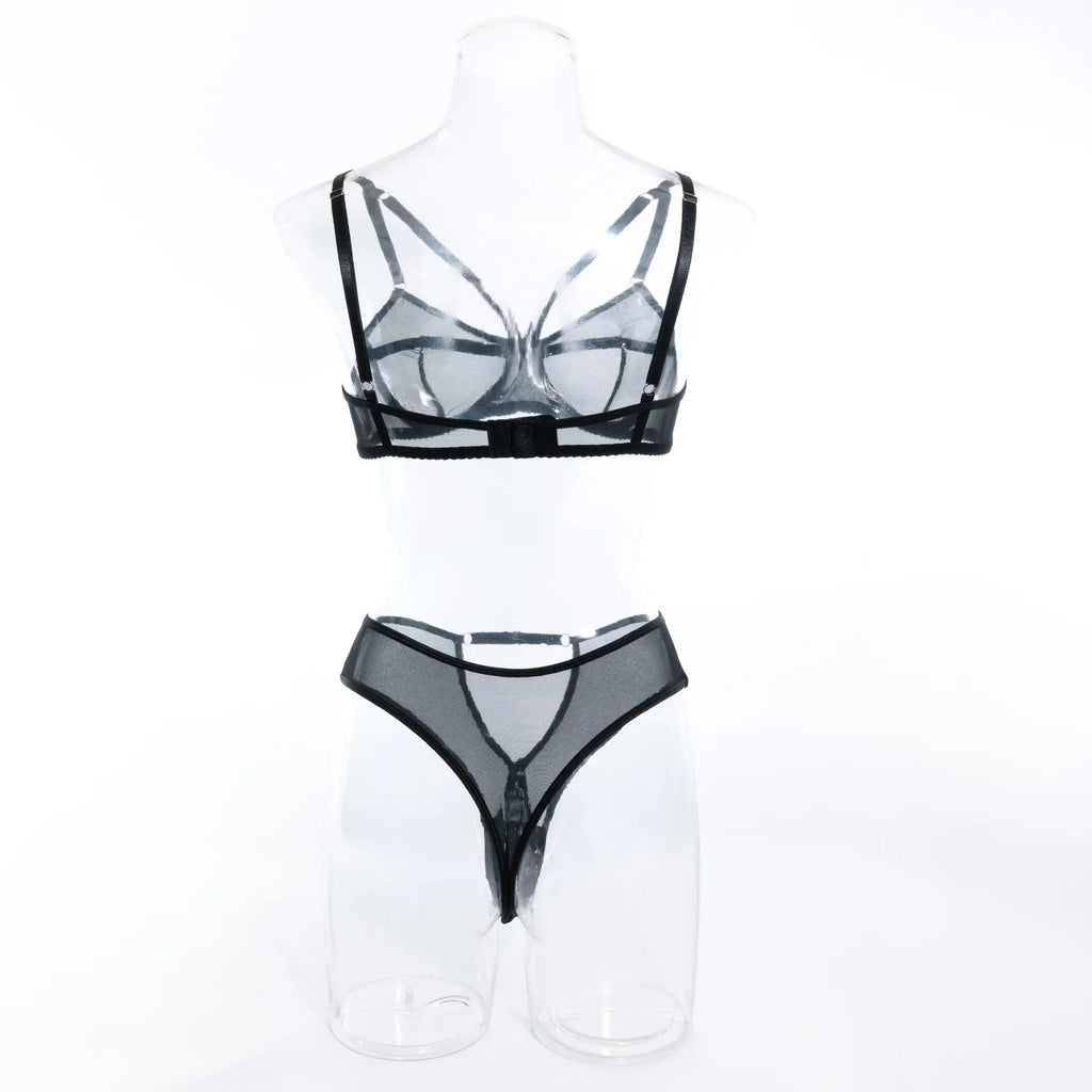 Conjunto de Lencería de Malla Transparente con Sujetador Push Up y Tanga