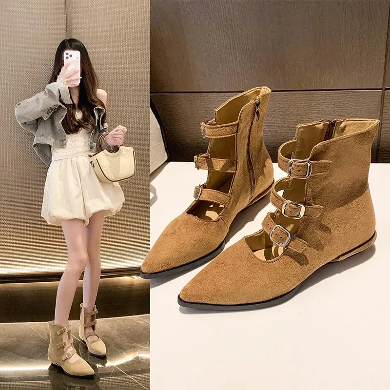 Botines de mujer en ante con hebillas y cremallera, estilo retro occidental