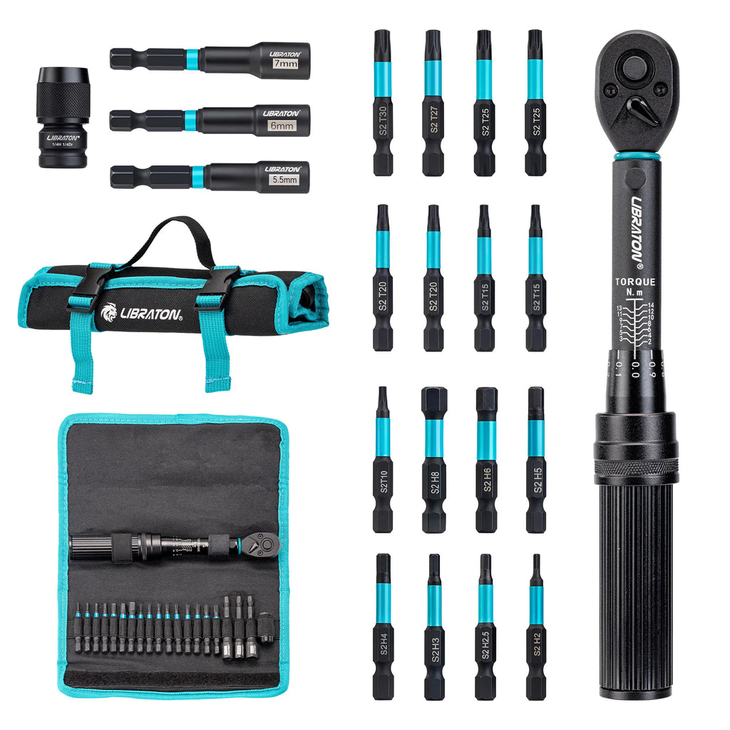 Llave dinamométrica para bicicleta de 1/4 ", 2-14Nm, 21 Uds., juego de llaves dinamométricas para bicicleta, llave de tubo con broca de impacto, Kit de reparación de trinquete para motocicleta y bicicleta