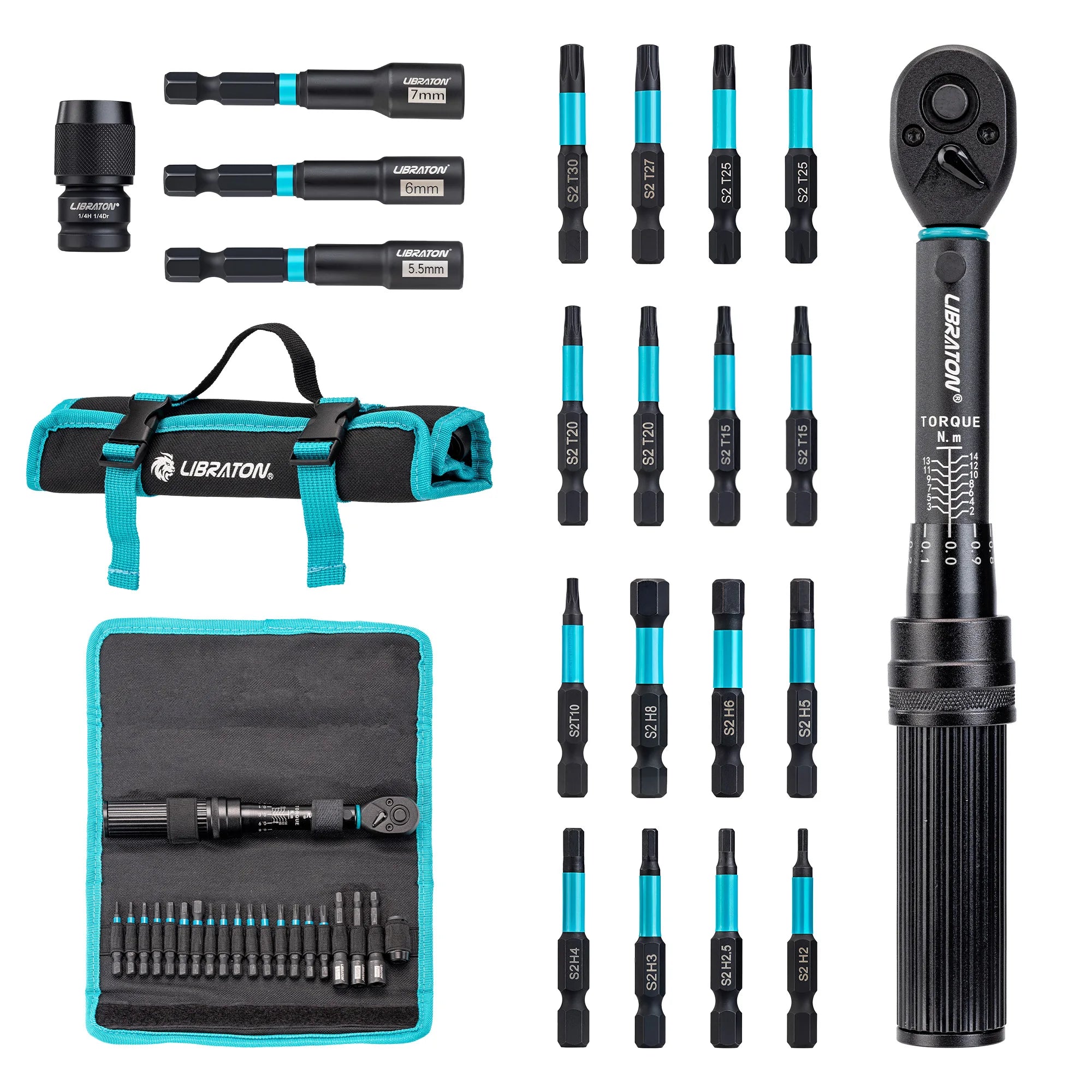 Llave dinamométrica para bicicleta de 1/4 ", 2-14Nm, 21 Uds., juego de llaves dinamométricas para bicicleta, llave de tubo con broca de impacto, Kit de reparación de trinquete para motocicleta y bicicleta