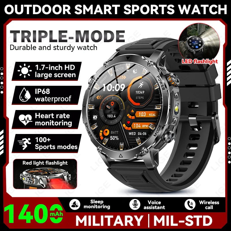 Reloj Inteligente Militar con Linterna Bluetooth 2026