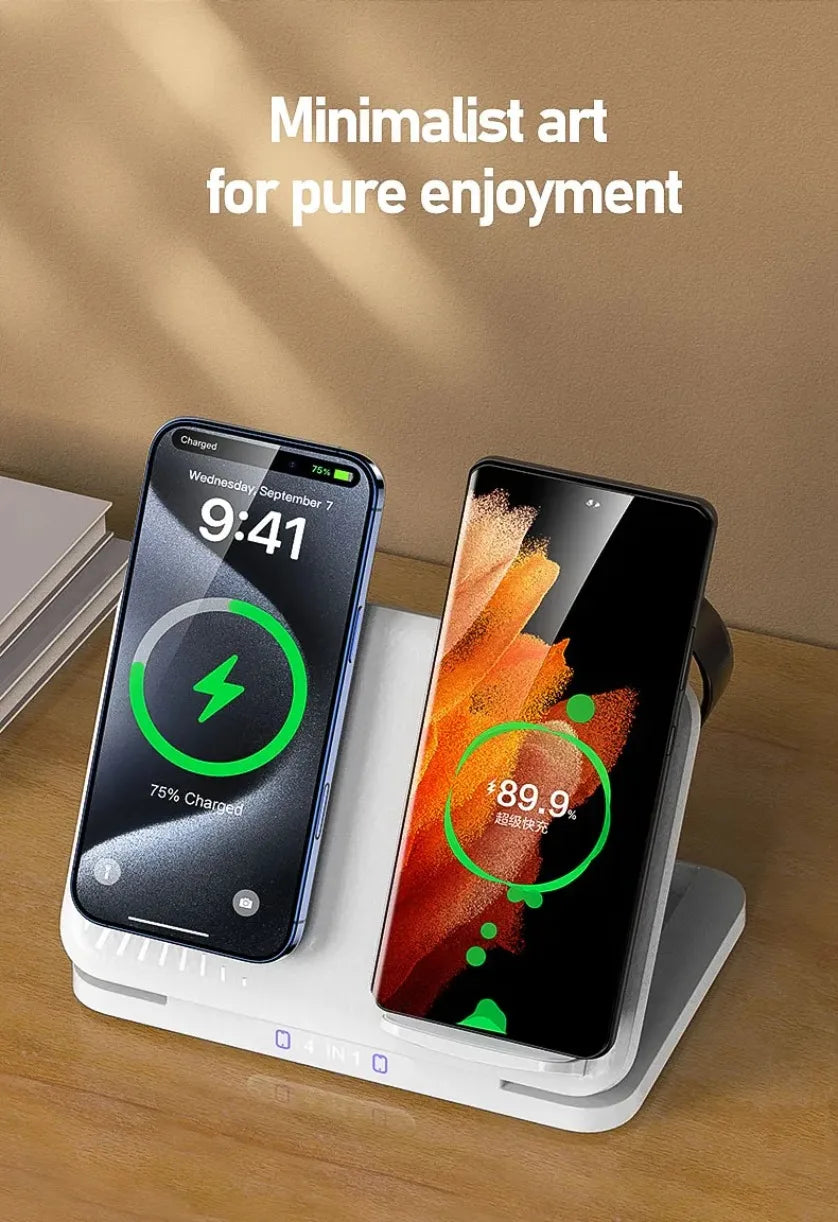 Cargador Inalámbrico 4 en 1 para Dos Teléfonos, Compatible con iPhone 17~12, Samsung S25, Xiaomi, Airpods Pro, Apple Watch 11~2, Carga Rápida Magnética