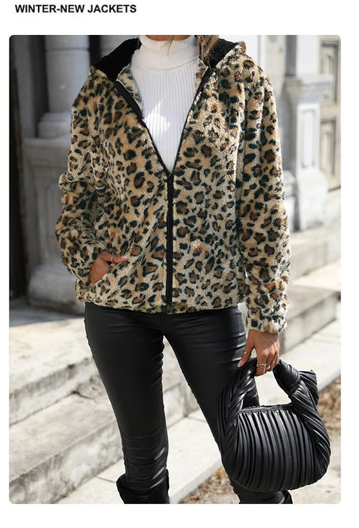 Otoño Invierno mujer moda abrigos con capucha manga larga estampado de leopardo de doble cara de felpa suelta cálida chaqueta gruesa abrigo con cremallera para mujer