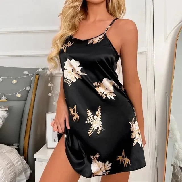 Camisón Sexy con estampado Floral para mujer, ropa de dormir de seda, color negro, para el hogar