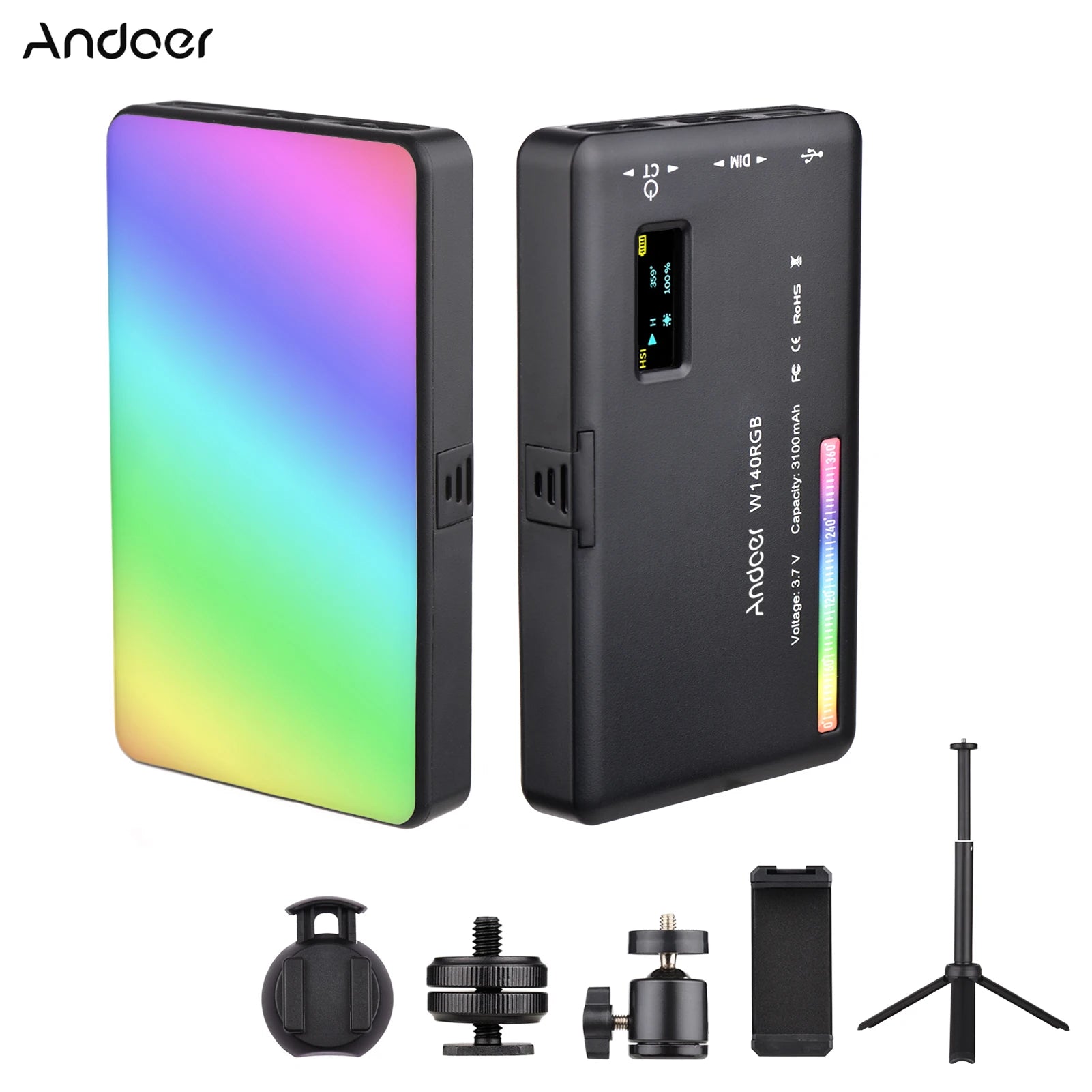 Andoer-Kit de luz LED W140 RGB para vídeo, iluminación de videoconferencia de bolsillo con trípode de escritorio para Vlog, transmisión en vivo, reunión en línea