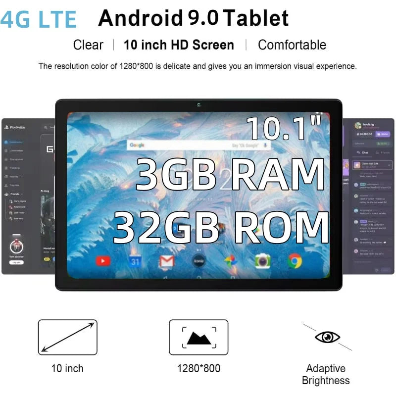 Tabletas 4G LTE T4 Android 9.0 de 10.1 Pulgadas, 3 GB de RAM, 32 GB de ROM, GSM, CPU de Cuatro Núcleos MTK8765 de 64 bits, 1280 x 800 IPS, 5000 mAh