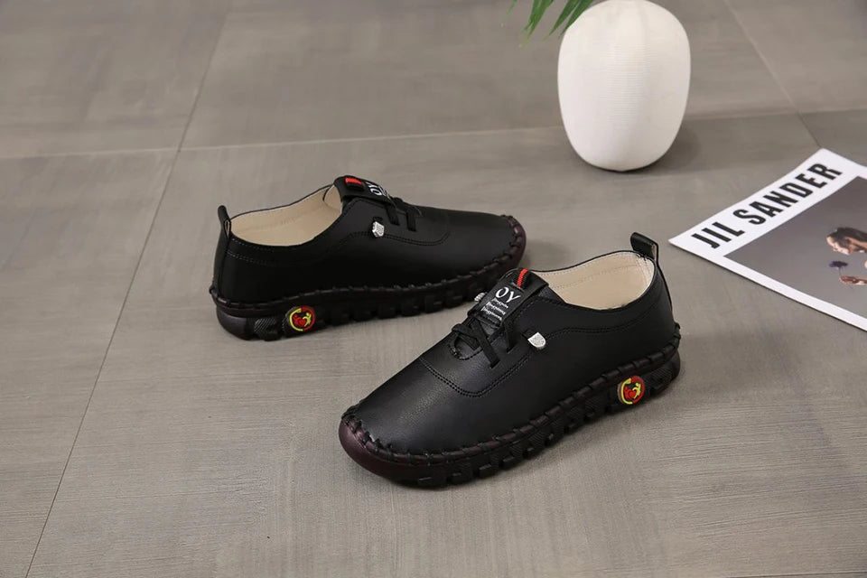 Zapatillas de deporte para Mujer, mocasines con cordones de cuero, planos, informales, cómodos, para mamá, para Mujer