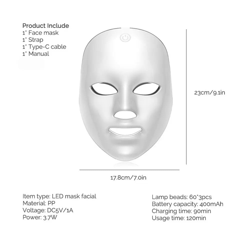 Máscara LED inalámbrica, máscara facial LED de 7 colores, máquina de máscara de belleza para rejuvenecimiento antienvejecimiento reafirmante de la piel con fotones
