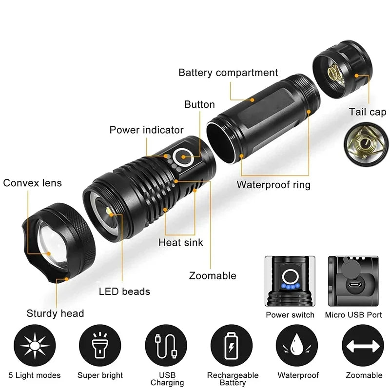 Linternas recargables, linterna táctica LED de alta potencia, linterna de caza portátil superbrillante para senderismo de emergencia