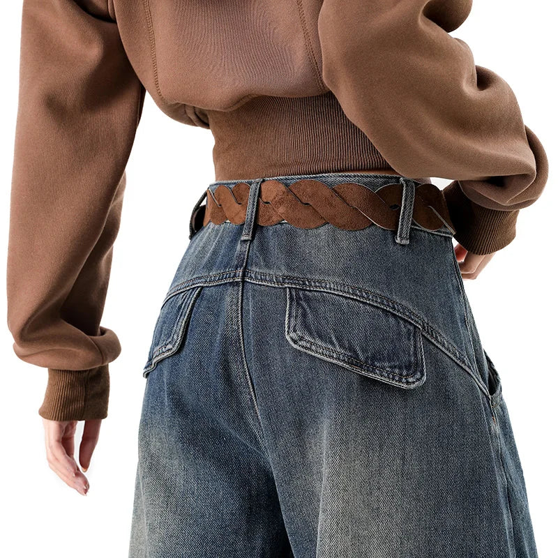 Pantalones Vaqueros Holgados Retro para Mujer, Corte Recto con Forro de Felpa