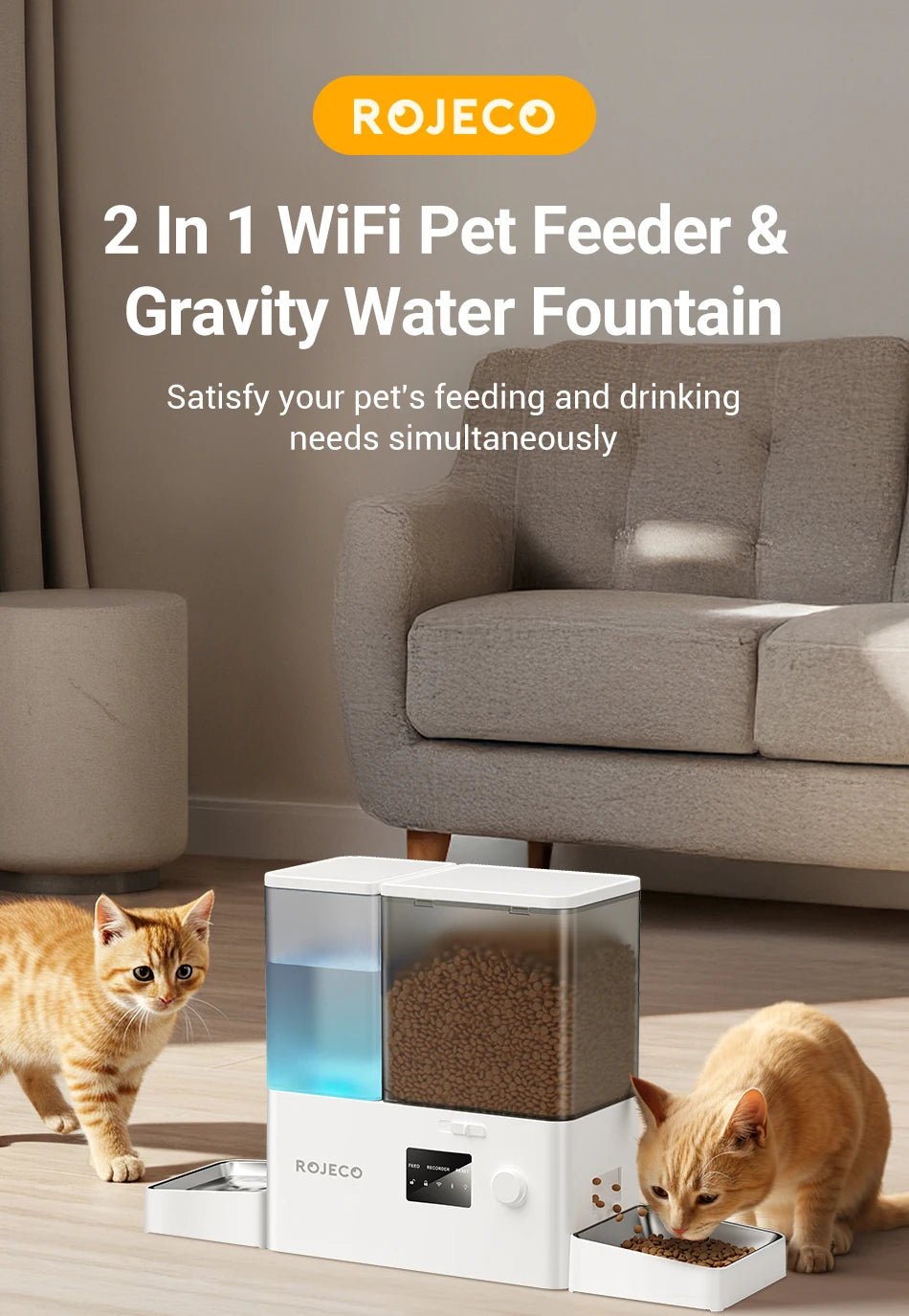 Comedero y Bebedero Automático WiFi para Mascotas ROJECO 2 en 1
